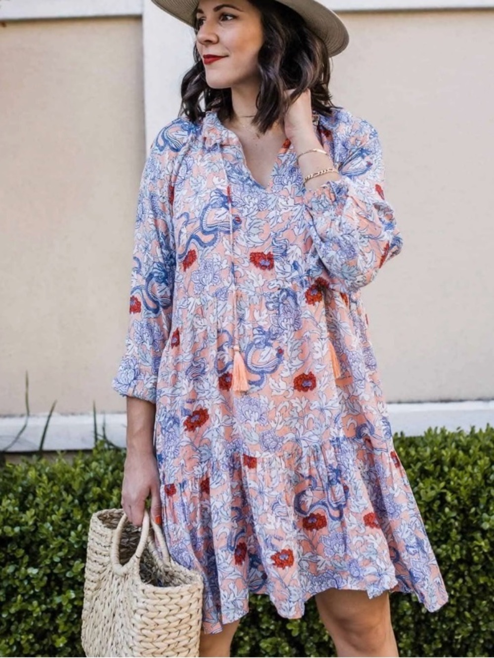 Roller Rabbit floral long-sleeve dress Women’s Medium Peach Blue Bohemian Hi Low